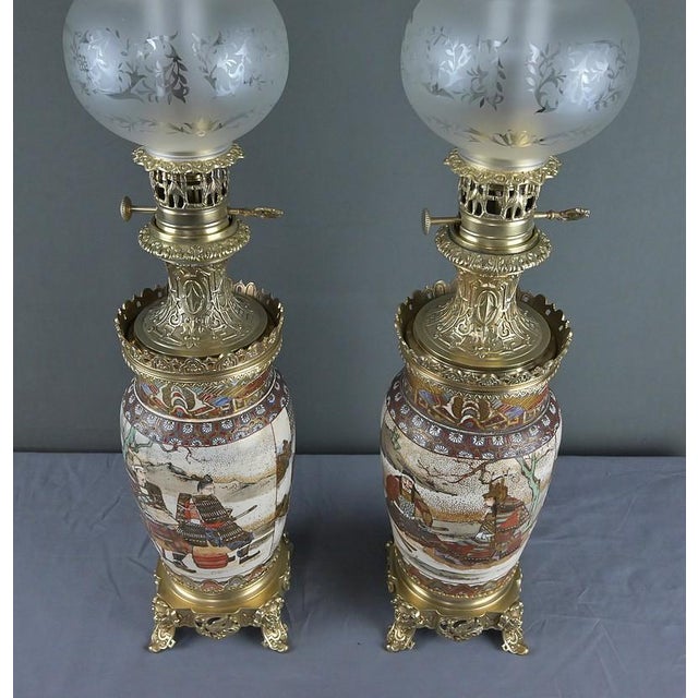 Gold Late 19th Century Satsuma Porcelain and Bronze Oil Lamps, Japan, Set of 2 For Sale - Image 8 of 18