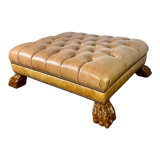Leather Tufted Upholstered Ottoman W/ Carved Lion Feet For Sale
