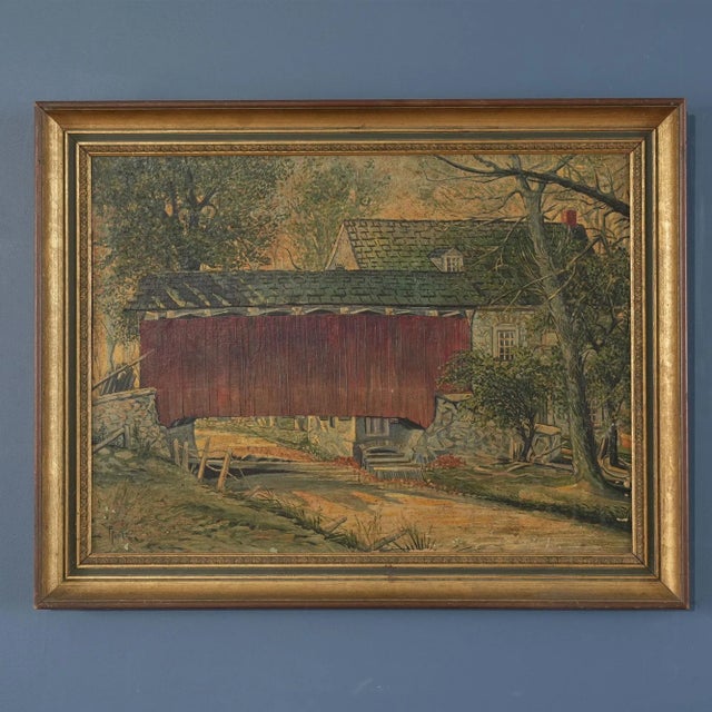 Impressionist Lancaster Covered Bridge Original Oil Painting 1940'S For Sale - Image 3 of 12