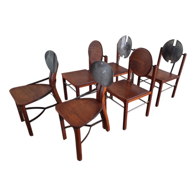 Mid-Century Brutalist Teak and Steel Dining Chairs, Set of 6 For Sale