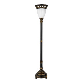Late 20th Century Black & Gold Neoclassical Torchiere Floor Lamp With Frosted Fluted Shade For Sale