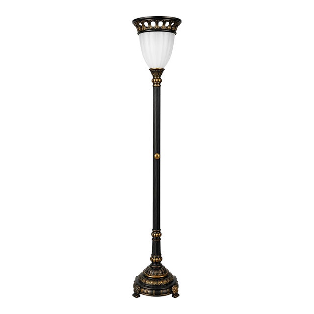 Late 20th Century Black & Gold Neoclassical Torchiere Floor Lamp With Frosted Fluted Shade For Sale