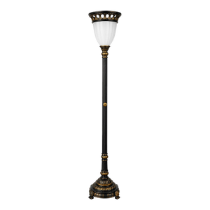 Late 20th Century Black & Gold Neoclassical Torchiere Floor Lamp With Frosted Fluted Shade