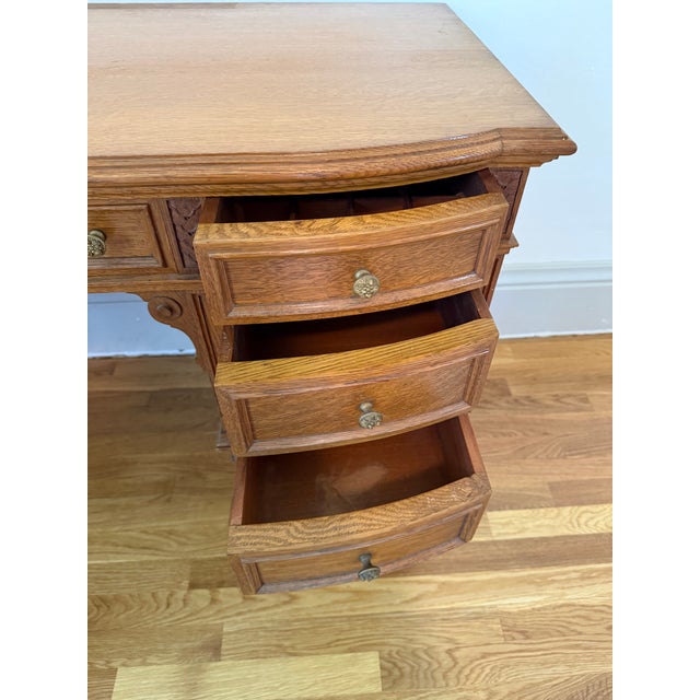 Vintage Edwardian-Style Oak Pedestal Desk With Casters For Sale In Buffalo - Image 6 of 10