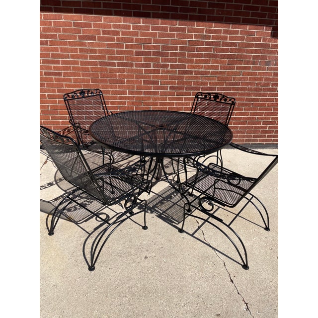 1980s Black Meadowcraft Dogwood Patio Wrought Iron Dining Set 4 Chairs Table, Attributed For Sale In Chicago - Image 6 of 10