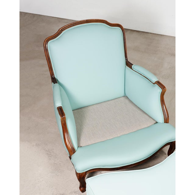 Tiffany Blue Louis XV Style Bergère Lounge Chair in Tiffany Blue + Ottoman For Sale - Image 8 of 18