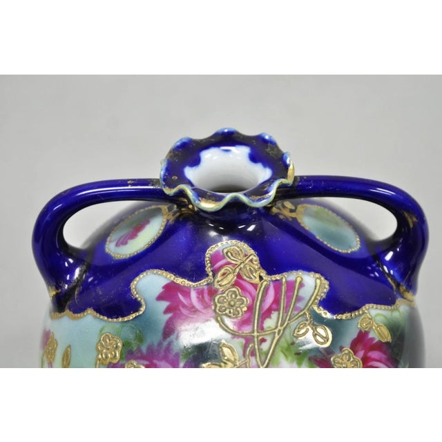 Victorian Vintage Victorian Blue Hand Painted Porcelain Floral Twin Handled Bulbous Vase For Sale - Image 3 of 14
