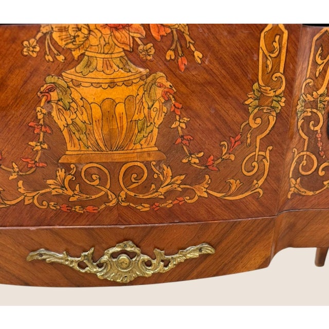 Wood Vintage Louis XV Style Floral Marquetry Bombe Commode With Marble Top For Sale - Image 7 of 18