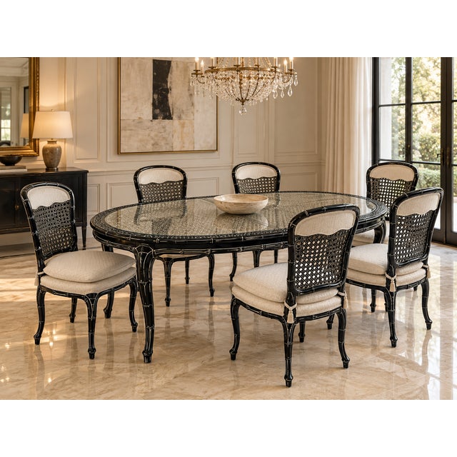 A striking vintage Chinoiserie dining table featuring a sculptural faux-bamboo frame finished in high-gloss black lacquer,...