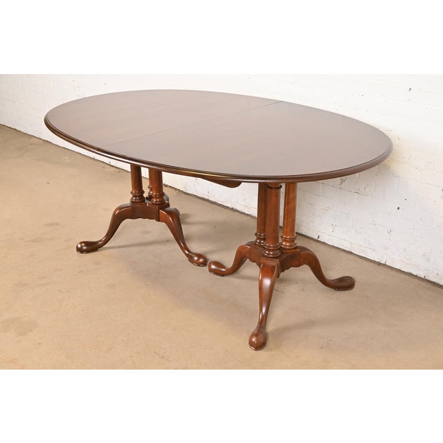 Brown Baker Furniture Georgian Cherry Wood Double Pedestal Extension Dining Table, Newly Refinished For Sale - Image 8 of 12