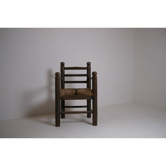 Rustic Modernist French Armchair in Stained Oak and Animal Hide, 1950 For Sale - Image 6 of 18
