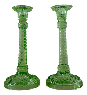 Vintage Green Crystal Candlesticks from Scailmont, 1920s, Set of 2