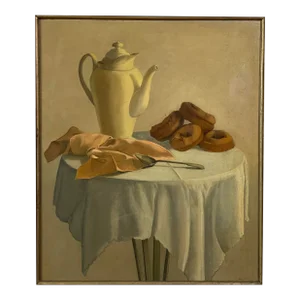 Eva Martino (American, B. 1929) - "Coffee Pot and Doughnuts” Realist Still Life, Signed (Ca. 1960, Oil on Canvas).