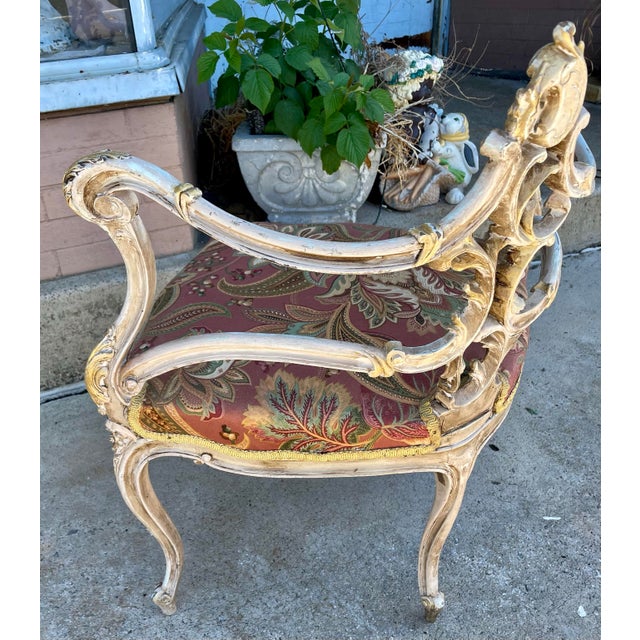 Late 19th Century French Rococo Louis XV Ornately Carved Painted Distressed Corner Captain's Chair For Sale - Image 6 of 12