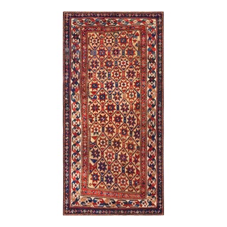 1880s Beige Geometric Tribal Antique Caucasian Kazak Carpet 3'10" X 8' Handknotted Wool Rug For Sale