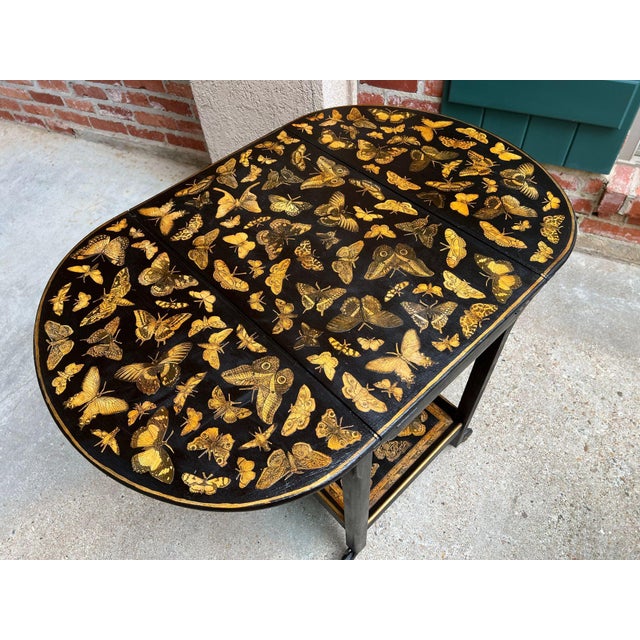 Vintage English Bar Cart Trolley Drop Leaf Chinoiserie Butterfly Lacquer Table For Sale - Image 9 of 18