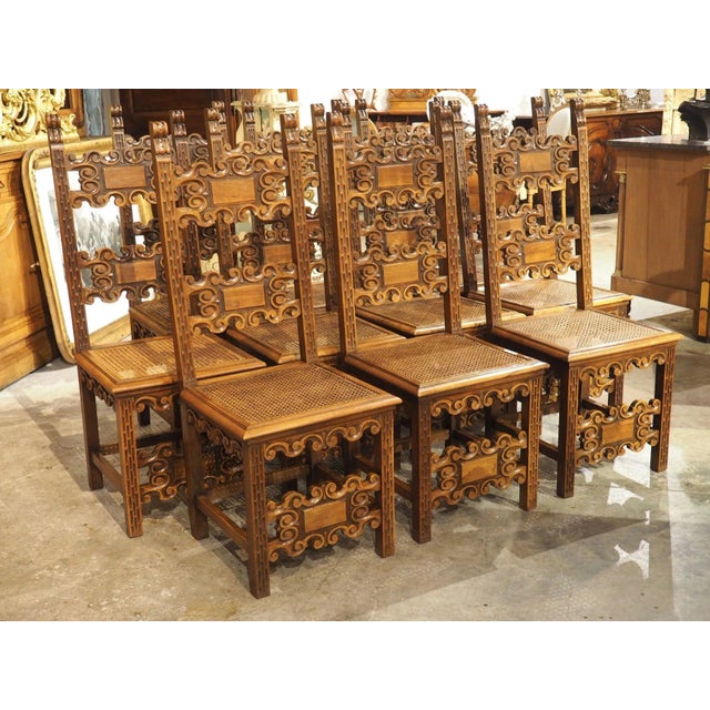Wood Set of 10 Antique Italian Carved Walnut and Caned Dining Chairs, Circa 1880 For Sale - Image 7 of 12