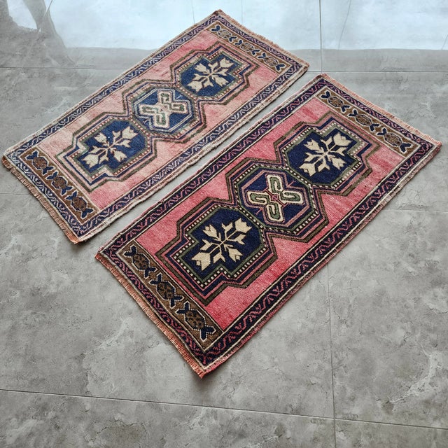 1980s Petite Turkish Oushak Wool Rugs - a Pair 1'8'' X 3'4'' - 1'9'' X 3'5'' 20.5'' x 40.2'' - 21.3'' x 40.5''/ 52x102...