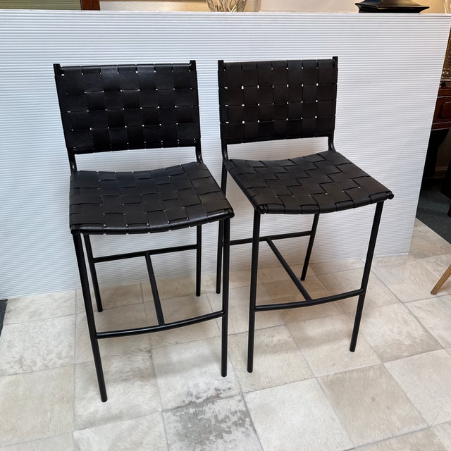 Contemporary Mermelada Estudio for Cb2 Woven Leather Counter Stools, Pair For Sale - Image 3 of 12