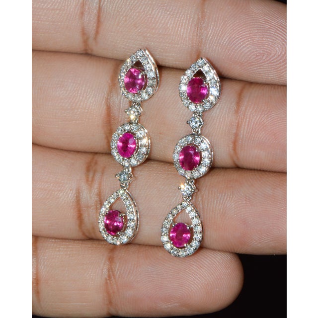 Late 20th Century Late 20th Century Pair of Gia 3.99ctw Natural Burma Ruby & Diamond 18k White Gold Dangle Earrings For Sale - Image 5 of 13