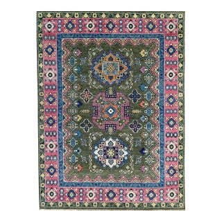 8x10 Penelope Kazak Green Geometric Modern Hand Knotted Wool Carpet Rug For Sale