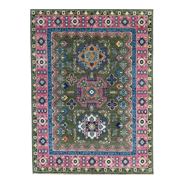 8x10 Penelope Kazak Green Geometric Modern Hand Knotted Wool Carpet Rug For Sale