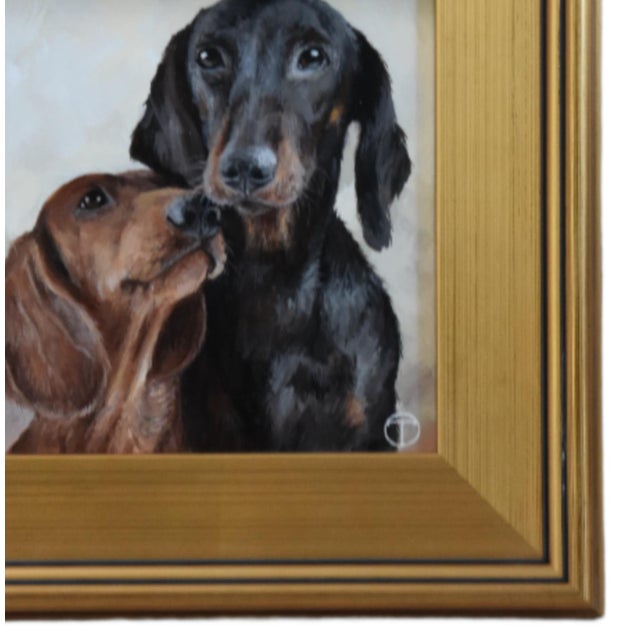 Dachshund Dogs puppy portrait study, acrylic painting on artist panel. Included are the antiqued gold wood frame and...