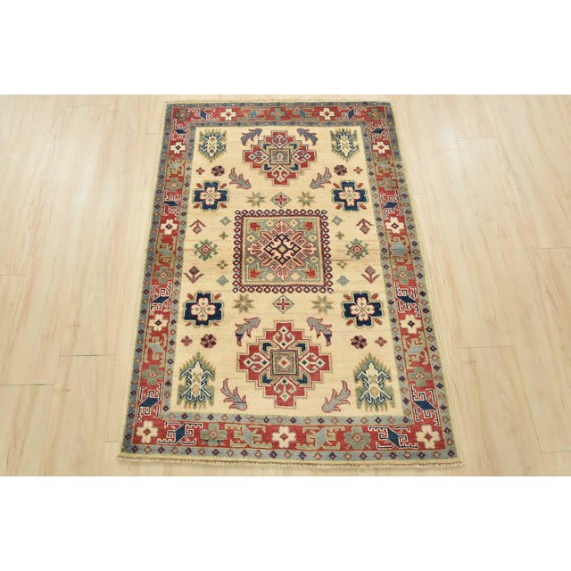 Farmhouse Kazak Rug 3’3” X 4’9” Beige Wool Tribal Hand-Knotted Oriental Carpet For Sale - Image 3 of 12