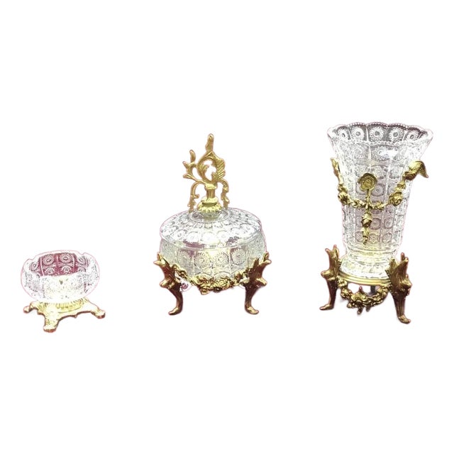 Set of 3, French Crystal Garniture Set | Gilt Bronze Ormolu Mounts, Rococo Centerpieces For Sale