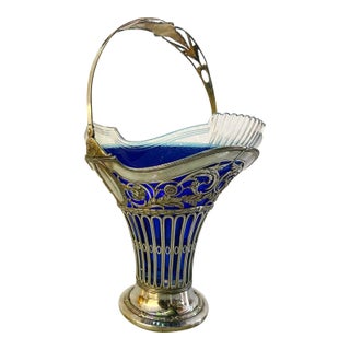 19thC European Silver Plate Glass Flower Basket For Sale