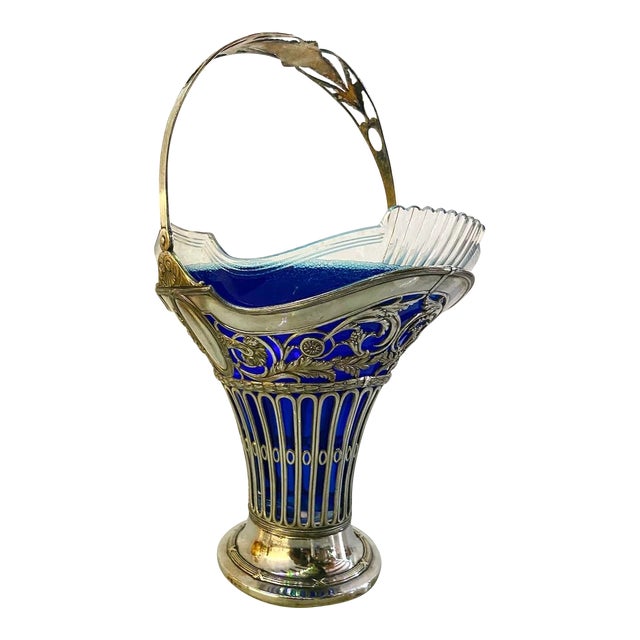 19thC European Silver Plate Glass Flower Basket For Sale