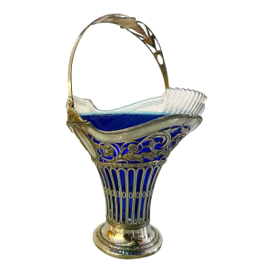 19thC European Silver Plate Glass Flower Basket