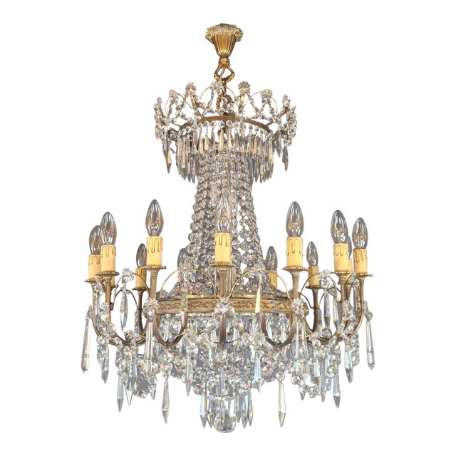 1950s Empire Brass Chandelier Crystal Lustre Ceiling Light For Sale