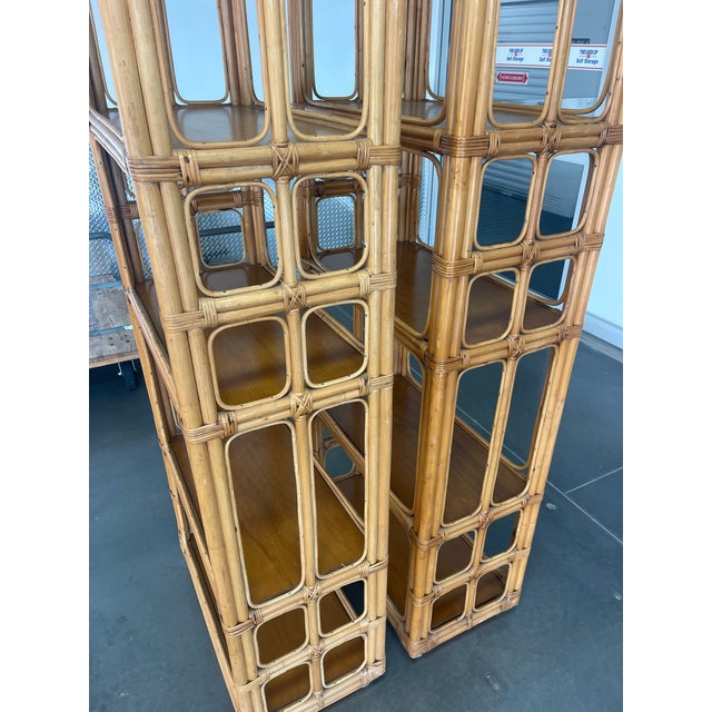 Brown Vintage Pair of Tall Architectural Palm Beach Style Rattan Étagères For Sale - Image 8 of 12