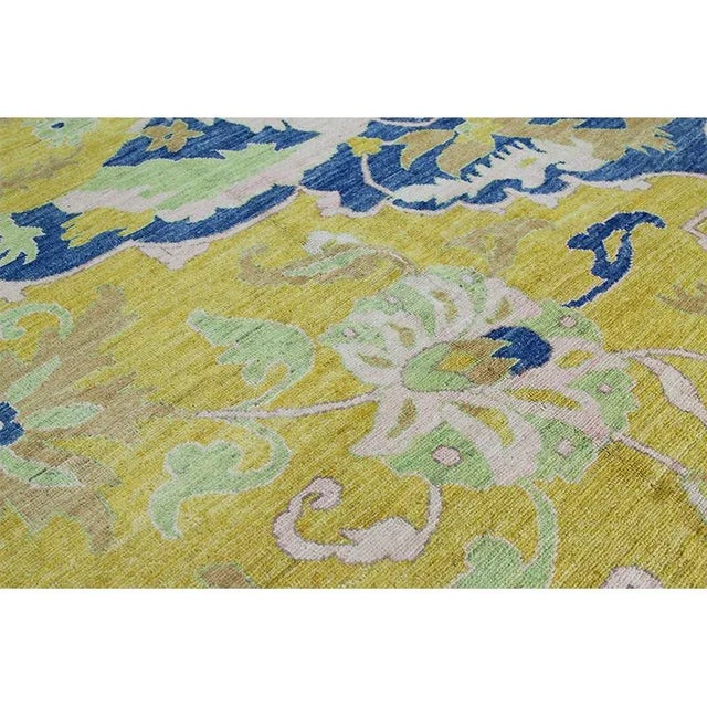 Yellow Handwoven Yellow/Blue Traditional Indian Agra Area Rug 12'4" X 15'4" For Sale - Image 8 of 10