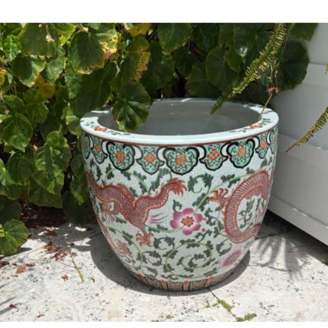 Pair of Vintage Chinese Export Porcelain Jardinieres Planters With Dragon Motif For Sale - Image 4 of 5