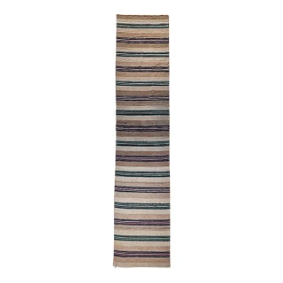 Vintage American Rag Runner, Handwoven Wool & Cotton, Multicolor Stripe Pattern, Tan, 3x12 For Sale