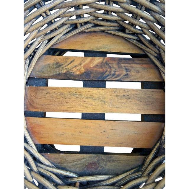 Vintage Wicker Basket With Turned Wood Double Ball Finial Handles - Boho Coastal Folk Art For Sale - Image 4 of 11