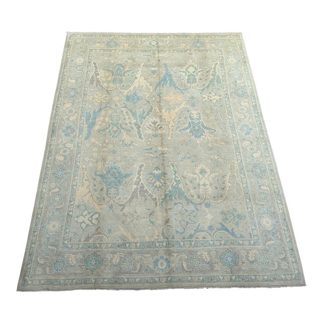 Shabby Chic Faded Oushak Wool Rug – Ivory/Blue – 9′1″ × 12′6″ For Sale