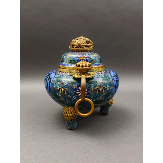 Antique Chinese Cloisonne Arabic Islamic Market Floral Enameled Tripod Covered Censor Incense Burner. Measures...