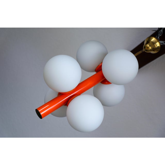 Atomic Sputnik Pendant Light with Orange Rod and White Opaline Globes from Kaiser-Leuchten, 1970s For Sale - Image 18 of 18