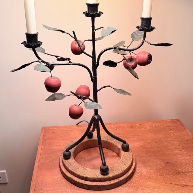 Wood Frederick Cooper Chicago Tole Apple and Iron Candelabra Table Lamps Set of 2, 1950s Folk Art Toleware For Sale - Image 7 of 11