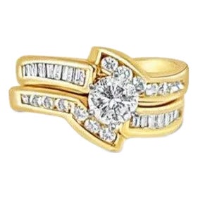 Round Diamond Center & Baguette Accent Bridal Ring Set, Size 8 For Sale