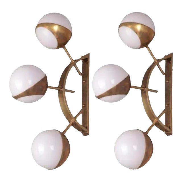 Modern Murano Brass & Glass Ball Form Sconces - A Pair For Sale