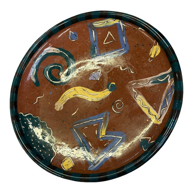 Large Art Deco Hand Painted Multicolor Platter Artist Signed 1993 18in For Sale