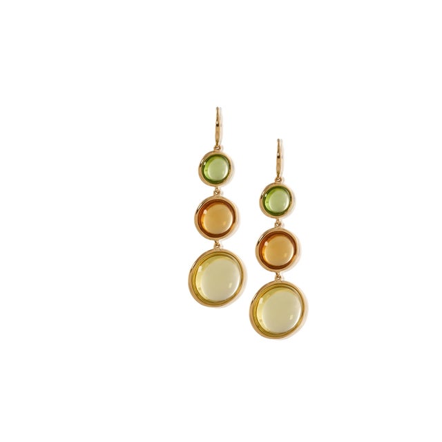 Mischief' Lemon Quartz, Citrine & Peridot Disc Earrings on French Wire in 18K Yellow Gold. Stone Size- 14 mm, 10 mm & 8...