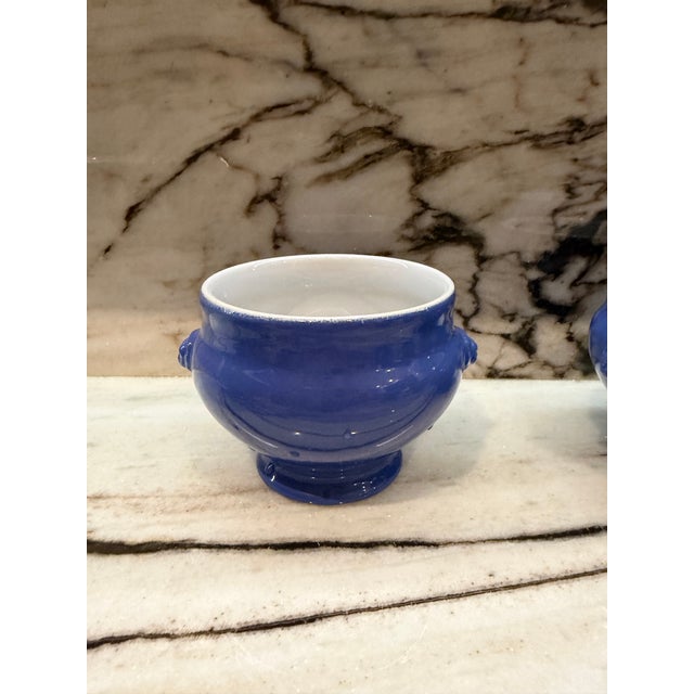 Vintage set of five Emile Henry made in France, lions head (Tete Lion) Royal blue Azur 19oz. soup bowls. Marked on underside.