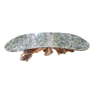 1970s Abalone Shell and Burl Wood Coffee Table. For Sale