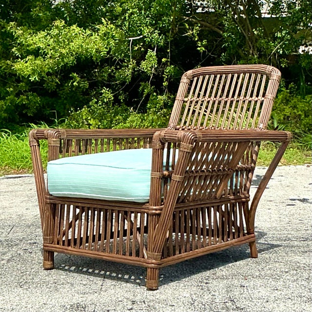 Boho Chic Vintage Coastal Palecek President’s Stick Rattan Lounge Chair For Sale - Image 3 of 9