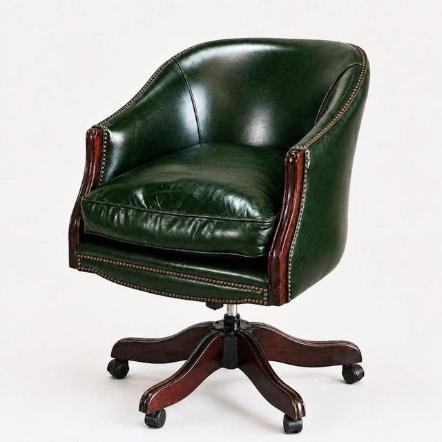 Vintage Racing Green Leather Swivel Desk Chair Mahogany-Toned Base and Nail Trim, 1990s For Sale - Image 6 of 10